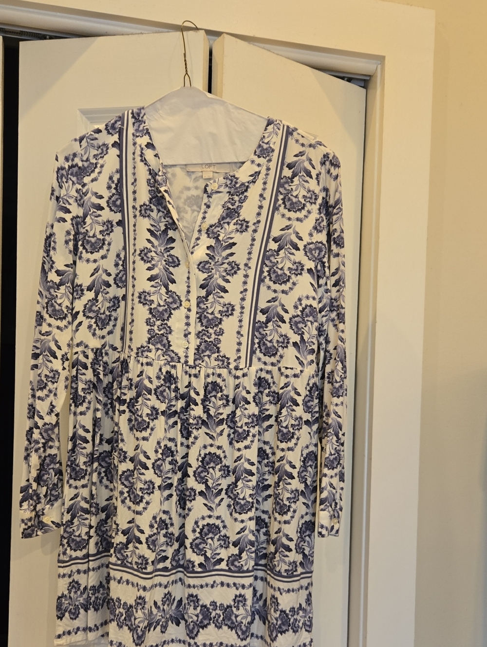 LOFT White Tunic with Blue Floral Print